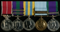 Allan White : (L to R) British Empire Medal (Military Division); General Service Medal 1918-62 with clasps 'Malaya', 'Arabian Peninsula';  Korea Medal; United Nations Korea Medal; General Service Medal 1962-2007 with clasp 'Northern Ireland'